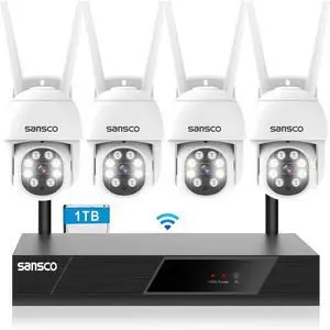 [Pan & Tilt] SANSCO 2K HD WiFi Security Camera System 1TB Hard Drive, 8CH NVR (4) 3MP Outdoor Waterproof Cameras, 2-Way Audio, Motion Alert, 24/7 Recording (Non Zoom)