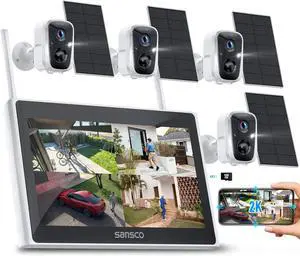 SANSCO 2K Wireless Security Camera System, 10CH 10" LCD Monitor NVR with Pre-Installed 128GB SD Card, 4PCS 4MP Solar WiFi Camera Outdoor, PIR Human Detection, 2-Way Audio, Color Night Vision