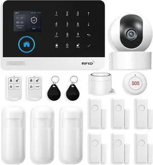 Wireless Home Security System, 17-Piece Kit, Outdoor Camera, Phone APP Alert, Door Sensor, Siren, Remote, Motion Detector, Compatible with Alexa (103-D-T53)