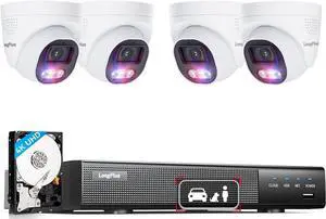 LongPlus 4K Home Security Camera System, 4pcs Wired Outdoor PoE IP Dome Camera with AI Motion Detection, Strobe Color Light, 4K 8CH NVR Security Camera System with 2TB HDD, 24-7 Recording, LP8ME84D1