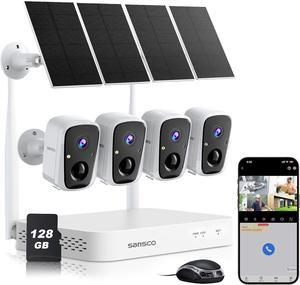 SANSCO 2K Wireless Security Camera System, 4PCS 4MP Solar WiFi Cameras for Indoor/Outdoor Use, 10CH NVR with 128GB SD Card, PIR Detection, 2-Way Audio, Color Night Vision, 5G & 2.4G WiFi