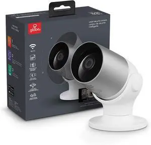 GLOBE Electric Wi-Fi Smart Indoor/Outdoor Security Camera, No Hub Required, Voice Activated, 1080p, Motion Detection, 2-Way Voice, Night Vision, Silver and White,50108