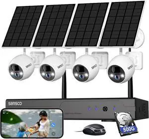 SANSCO Solar Security Cameras System Outdoor, 10CH 2K NVR Wireless Recorder with 500GB HDD, 180 Days Local Storage, 4X 4MP WiFi IP Camera - No Monthly Fee, Waterproof, 2-Way Audio, Color Night Vision