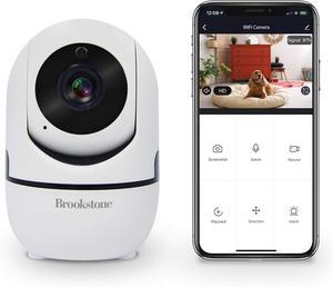Brookstone Tilt and Pan WiFi Camera, White - Smart Home Security System with Night Vision, Motion Detector, Audio Speaker, Android/iOS App, and Live HD Video Feed