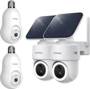 LaView 2K Light Bulb Security Camera & 360° Pan&Tilt Solar Camera Outdoor Wireless, Cameras for Home Security, Compatible with Alexa