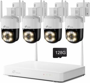 5MP Wireless Security Camera System Wi-Fi 6, Color Night Vision, 355° Pan 95° Tilt, Light & Siren Alarm, Human Vehicle Detection, Two-Way Audio for Indoor Outdoor,8CH NVR 128GB SD Card Included