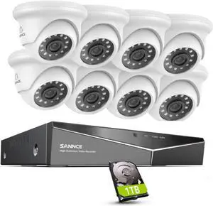 Wired Security Camera System, SANNCE 8CH CCTV DVR with 1TB Hard Drive and 8Pcs Outdoor Surveillance Cameras, Support 100ft Night Vision, Waterproof, Remote Access, Motion Alert, for 24/7 Recording
