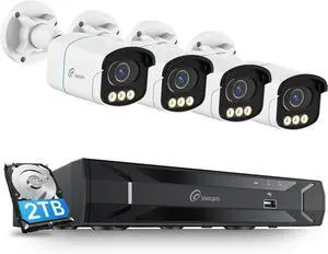 4K CCTV Security Camera System PoE Wired True Color Night Vision, 4X 8MP PoE IP Cameras, 8 Channel NVR & 2TB HDD for 24/7 Record, AI Human Vehicle Detect, Spotlight Siren Alarm, 2-Way Talk