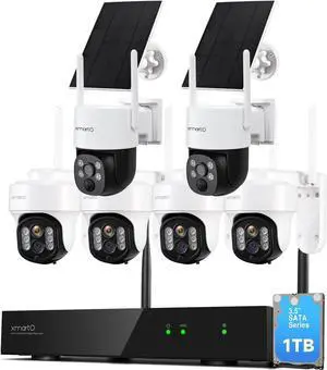 [Auto-Track Camera] XMARTO 2K Auto-Track PTZ Wireless Security Camera System Outdoor, 10CH 5MP Dual-WiFi NVR with 2X Rotate WiFi Security Cameras, 1TB Storage +2* Wire-Free PTZ Solar Security Camera