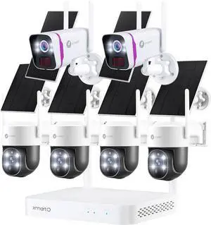 XMARTO 100% Wire-Free Solar PTZ Home Security Camera System Wireless, 4-Set 2K 4MP PTZ CCTV Camera Kit with 4K 10CH Expandable WiFi NVR + 2PCS 4MP Solar Battery WiF Cameras