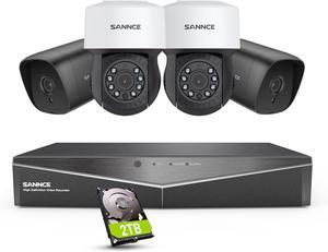 SANNCE 8 Channel Security CCTV Camera System 1080P, 2MP CCTV DVR with 2TB Hard Drive, 2X 1080P Bullet Surveillance Cameras, 2X PT Digital Zoom Dome Camera, Outdoor/Indoor Email & APP Alert