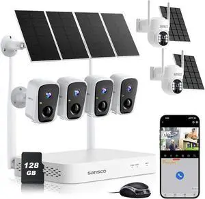 SANSCO Wireless Security Camera System, Solar-Powered 4MP 6 Cam-Kit, Color Night Vision, 128GB Local Recording, No Subscription, 2.4G & 5G WiFi
