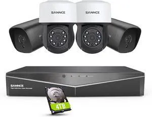 SANNCE 8 Channel Security CCTV Camera System 1080P, 2MP CCTV DVR with 4TB Hard Drive, 2X 1080P Bullet Surveillance Cameras, 2X PT Digital Zoom Dome Camera, Outdoor/Indoor Email & APP Alert