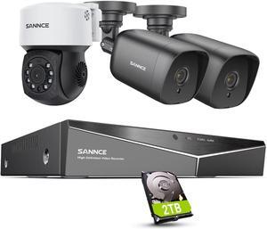 SANNCE 8 Channel Security CCTV Camera System 1080P, 2MP CCTV DVR with 2TB Hard Drive, 2X 1080P Bullet Surveillance Cameras, 1x PT Digital Zoom Dome Camera, Outdoor/Indoor Email & APP Alert