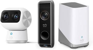eufy Security Indoor Cam S350, Dual Cameras, 4K UHD Resolution Security Camera with 8× Zoom and 360° PTZ + eufy Security Video Doorbell S330 (Battery-Powered) add-on + HomeBase 3