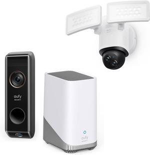 eufy Security Floodlight Camera E340 Wired, 360° Pan and Tilt + eufy Security Video Doorbell S330 (Battery-Powered) add-on, Security Camera + HomeBase 3