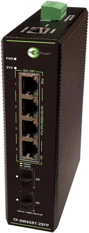 TP-SW4GBT-2SFP - 6 Port L2+ Manageable GigE Industrial 802.3at/bt PoE Network Switch, 4X 802.3at/bt PoE + 2X SFP 2.5GHz Fiber + 1x Serial Console Port, DIN Rail Mt, 12-57VDC Input
