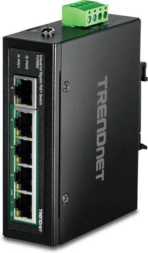 TRENDnet 5-Port Hardened Industrial Unmanaged Gigabit Switch, TI-PG50, 10/100/1000Mbps, DIN-Rail Switch, 4 x Gigabit PoE+ Ports, 1 x Gigabit Port, Gigabit Ethernet Network Switch, Lifetime Protection