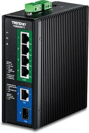 TRENDnet 6-Port Industrial 2.5G PoE++ DIN-Rail Switch with 10G Ports,TI-BG50611,Multi-Gigabit,4 x 2.G PoE++ Ports, 1 x 10G RJ-45 Port,1 x 10G SFP+ Port,Lifetime Protection, Black