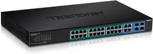 TRENDnet 28-Port Gigabit Web Smart PoE+ Switch, 24 x Gigabit Ports, 4 x Shared Gigabit Ports (RJ-45 or SFP), 185W PoE Budget, 56Gbps Switching Capacity, Lifetime Protection, Black, TPE-2840WS