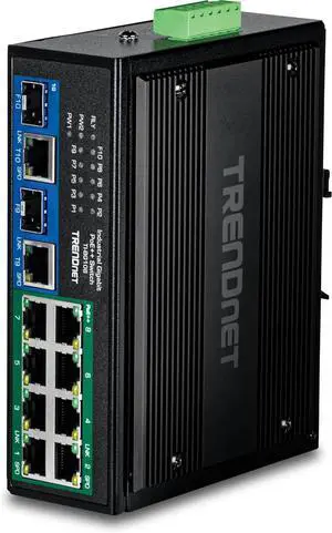 TRENDnet 10-Port Industrial Gigabit 400W PoE++ DIN-Rail Switch, TI-BG108, 8 x Gigabit PoE++ Ports, 2 x Gigabit Shared Ports (RJ-45 / SFP), 20Gbps, 400W, Lifetime Protection