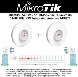Mikrotik Outdoor Wireless CPE DISC Lite5 ac 21 dBi Dual Chain Antenna with 5GHz 802.11a/n/ac 716 MHz CPU 256 MB RAM and 1x Gigabit Ethernet Port 2-Units