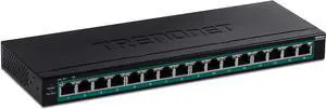 TRENDnet 16-Port Gigabit PoE+ Switch, TPE-TG160H, 123W PoE Power Budget, 32 Gbps Switching Capacity, Desktop Switch, Ethernet Network Switch, Metal, 1U 10" Rack Mountable, Lifetime Protection