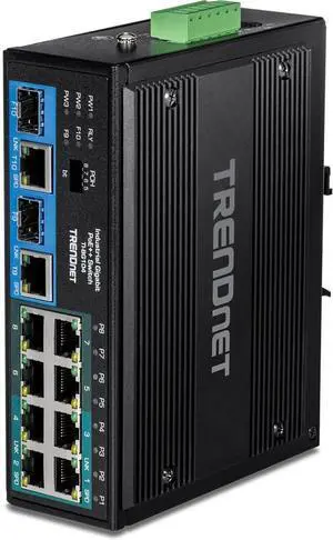 TRENDnet 10-Port Hardened Industrial Unmanaged Gigabit PoE ++ DIN-Rail Switch, 4 Gigabit PoE++ Ports, 4 Gigabit PoE+, 2 Gigabit Share Ports SFP or RJ-45, 360W Power Budget, Black, TI-BG104