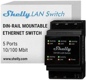 Shelly LAN Switch | 5 Port RJ45 10/100 Mbps Fast Ethernet Switch | DIN-Mountable | Fanless | Plug & Play | Energy-Saving | Easy Installation & Configuration | No Additional Adapter Required