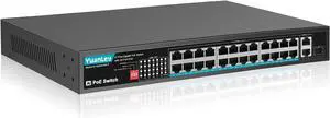 YuanLey 24 Port Gigabit PoE Switch with 2 Gigabit Ethernet Uplink, 1 SFP Port, 400W PoE+ Port Support 802.3af/at, Fanless Unmanaged Network Switch with AI Watchdog, VLAN, Extend to 300m, Super Quiet