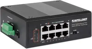 Intellinet Industrial 8-Port PoE Passthrough Gigabit Ethernet Switch - with 1 x Gigabit PoE Input, 7 x Gigabit PoE Output, 120W Power Budget via AC Power & 95W Power Budget via PoE PD - 561624