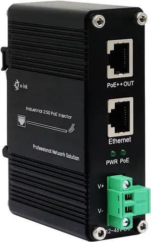 E-link Industrial 2.5G Hardened 1-Port Ethernet Input + 1-Port IEEE 802.3at/bt 95W PoE++ Output Injector with 12~48V DC Power Input DIN Rail Mount High Power PoE Adapter -40°C to 80°C IP40