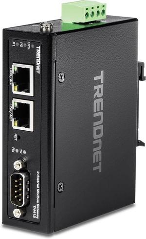 TRENDnet 1-Port Fast Ethernet Industrial Modbus Gateway, 1 x Serial DB-9 Port, 2 x Fast Ethernet Ports, Up to 100m (328 ft), IP30 Rated Housing, Extreme Temperature Protection, Black, TI-M12