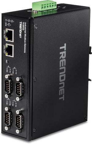 TRENDnet 4-Port Fast Ethernet Industrial Modbus Gateway, 4 x Serial DB-9 Ports, 2 x Fast Ethernet Ports, Up to 100m (328 ft), IP30 Rated Housing, Extreme Temperature Protection, Black, TI-M42
