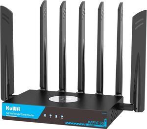 KuWFi 5G Router Dual SIM Unlocked, WiFi 6 AX3000 2500Mbps Indoor 5G Router Dual Band SDX62, 4x4 MIMO, Band Lock/VPN, Detachable Antenna for RV/Home/Steamship