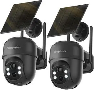 Gadpiparty Septekon 2K Solar Security Cameras Wireless Outdoor 2 Pack, 360°PTZ Battery Powered Outdoor Camera, 2.4G WiFi Camera with Spotlight Color Night Vision, Motion Sensor Alarm, IP66, Black