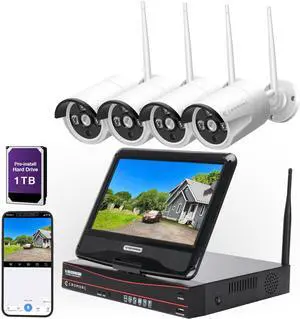 Gadpiparty 10CH Expandable Wireless Security Camera System with 10.1" Monitor 4pcs 5MP Indoor Outdoor Camera 1-Way Audio Night Vision Motion Detection Home Business CCTV Surveillance 1TB HDD