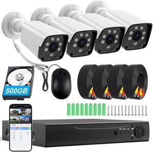 Gadpiparty H.265+ Wired Security Camera DVR Kit System with AI Human Vehicle Detection, 4X 1920P 5MP IP67 Metallic Indoor/Outdoor Cameras IR Night Vision, 4K NVR 500GB HDD Included for 24/7 Recording