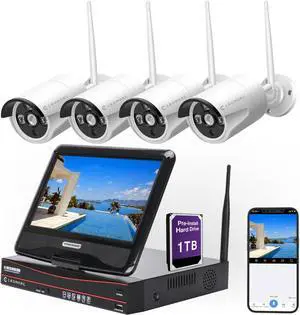 Gadpiparty Wireless Security Camera System 10CH Expandable with 10.1" Monitor 4pcs 3MP Indoor Outdoor Camera 1-Way Audio Night Vision Motion Detection Home Business CCTV Surveillance 1TB HDD
