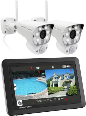 Gadpiparty Deluxe Wireless Security Camera System | 2 1080p Floodlight Cameras and one 7" Touchscreen Monitor | AC Powered, Two-Way Audio, Free APP, 32GB SD Card and Battery Installed, Model VS5002