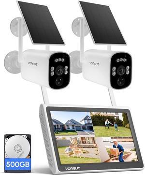 Gadpiparty Solar Home Security Camera System with 10CH 10" LCD Monitor NVR, 4MP 2PCS Bullet Solar Camera Wireless Outdoor, Solar-Powered Camera CCTV System, Motion Record(500G HDD)