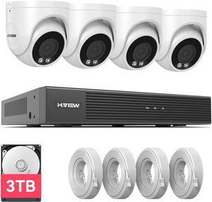 Gadpiparty H.VIEW 4K Security Camera System, 4pcs H.265 PoE Wired Turret Cameras with Person Detection, 4K/8MP 8CH NVR with 3TB HDD for 24-7 Recording,Trigger Color Night Vision, Email Alert, AI Human