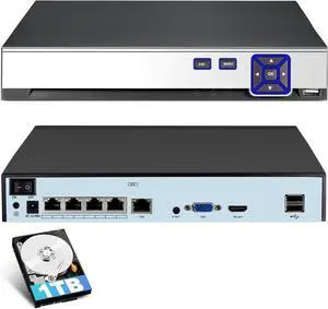 Gadpiparty TOWODE 4CH POE Network Video Recorder for Home Security Camera System Work with 4K/2K/3MP/4MP/5MP/6MP/8MP/1080P HD IP Cameras PoE NVR, 24/7 Recording Pre-Installed 1TB Hard Drive