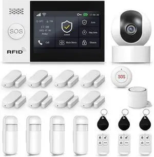 Gadpiparty Alarm System for Home Security with Camera, Wireless Security System with 4.3 Wireless fulltouch Screen Compatible with Alexa and Google for Home, Flat