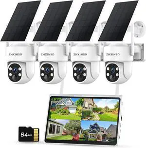 Gadpiparty Solar Security Cameras System, Wireless Outdoor with 10" LCD Monitor, 4PCS 4MP Solar Powered PTZ Camera with Solar Panel for Home Security, 10 CH Expandable, Color Night Vision, 2-Way Audio