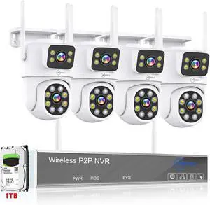 Gadpiparty MOVOLS Wireless Security Camera System 5G/2.4G WiFi 4pcs 4MP+4MP Dual Lens Camera System,2K HD PTZ Dome Cameras System with Color Night Version, Motion Detection,1TB HDD, 16CH