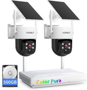 Gadpiparty Solar Security Camera System Wireless Outdoor, 2pcs 2K Solar Powered Home Security Cameras, Full Color Night Vision, 360° Pan Tilt, Human Detection, 2.4G/5G WiFi 10CH NVR with 500G HDD