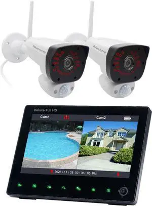 Gadpiparty Deluxe VS5072 Wireless Security Camera System with 7" LCD Monitor and 2 pcs. 1080p HD Cameras, Two-Way Audio, Free APP, 32GB SD Card and Battery Installed