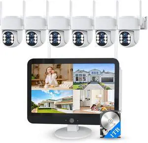 Gadpiparty Wireless Security Camera System Outdoor: Dual Lens WiFi6 & 10x Zoom 4PCS PTZ Dome Camera with 12.5" Monitor 10CH Expandable NVR, WiFi Color Night Vision 2-Way Talk Motion Track 1TB HDD