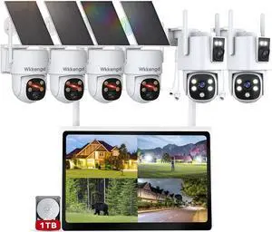 Gadpiparty Wireless Security Wireless Cameras with 10" Monitor, 4PCS 2K Solar Cameras + 2PCS 2K+2K Dual Lens Plug-in UseCameras for Home Security, Pre-Installed 1TB HDD